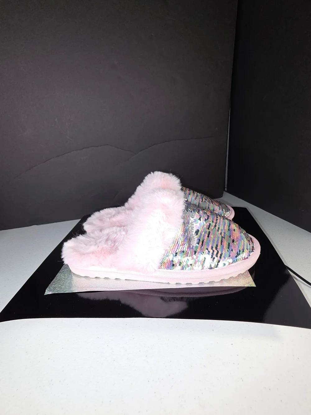 The Children's Place Flip Sequin Faux Fur Slippers Pink Multi Big Girl Sz 5/6